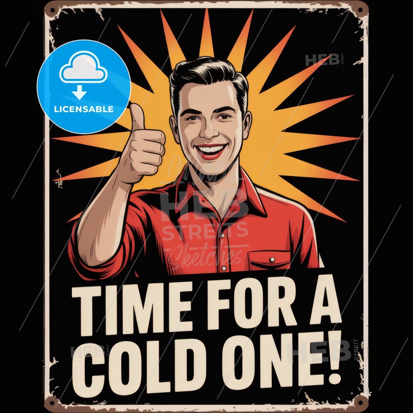 Cheerful Young Man Encouraging Enjoyment with a Refreshing Beverage in a Retro Style Advertisement