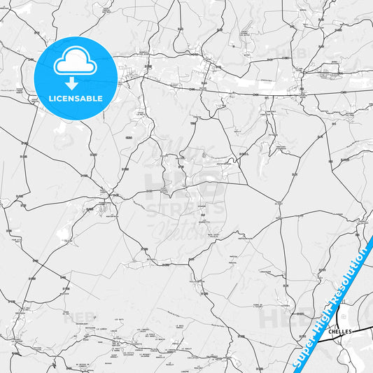 Chelles, France light map with streetnames, citynames and districts