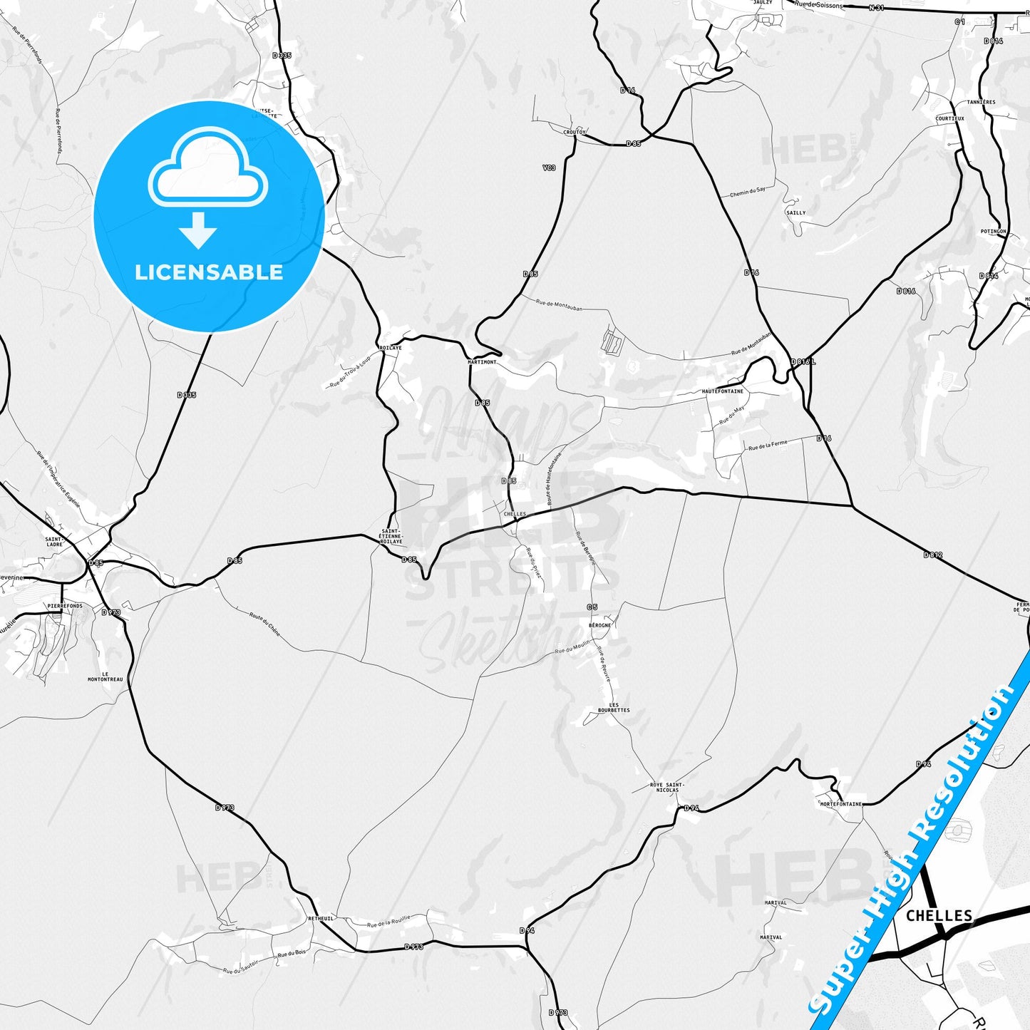 Chelles, France Light Map with Street Names, City Names, and Districts