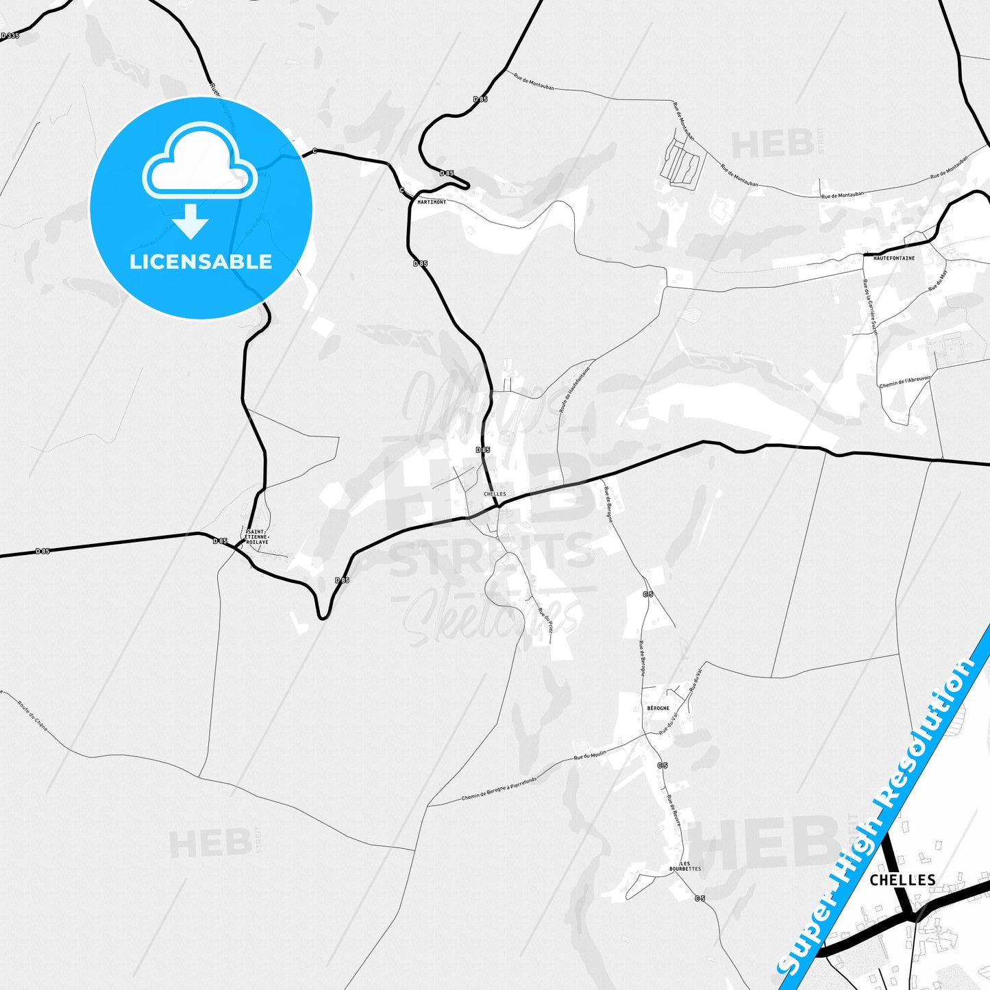 Chelles, France Light Map with Street Names, City Names, and Districts
