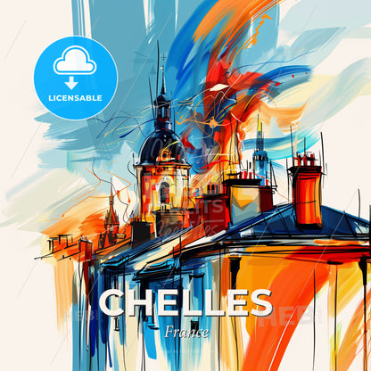 Vibrant Chelles, France - A Painting Of A Building With A Tower And Smokestacks - Square format print template