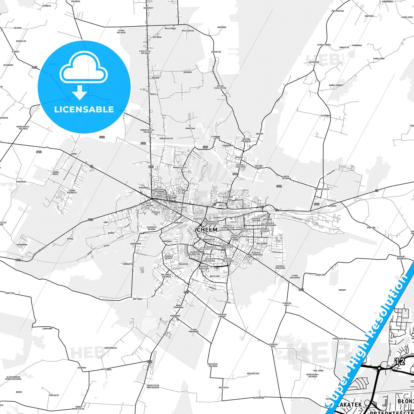 Chełm, Poland light map with streetnames, citynames and districts