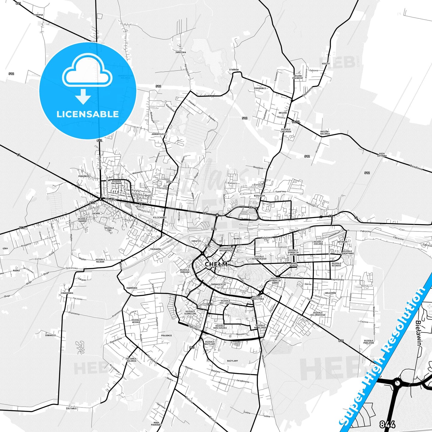 Chełm, Poland Light Map with Street Names, City Names, and Districts