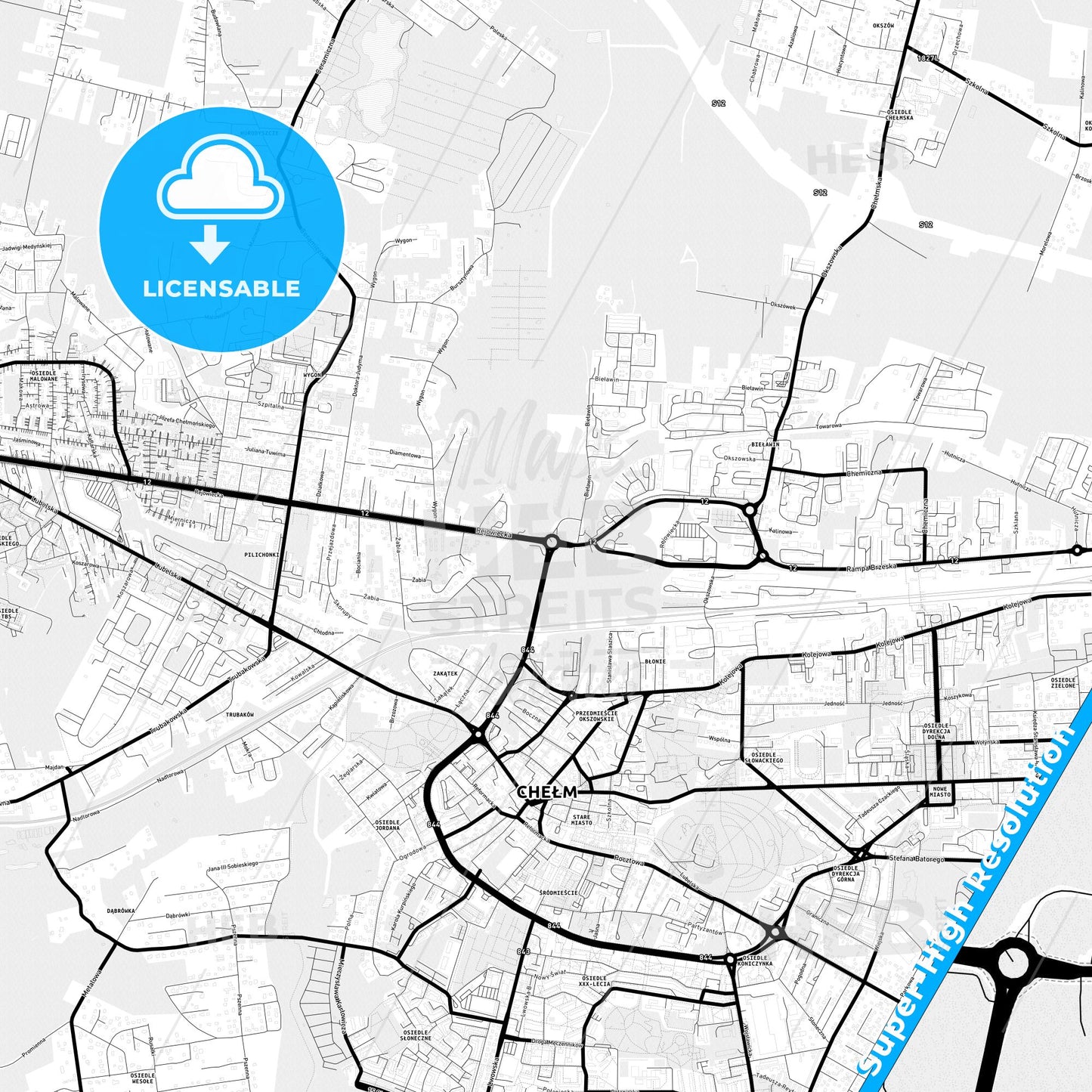 Chełm, Poland Light Map with Street Names, City Names, and Districts