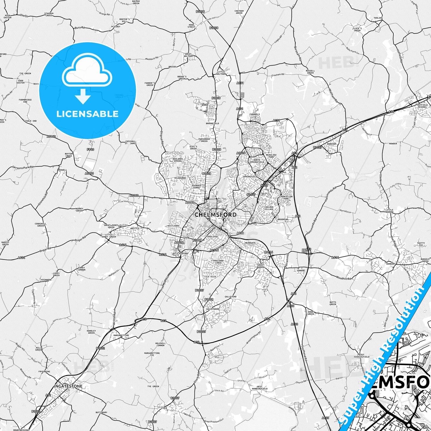 Chelmsford, England light map with streetnames, citynames and districts