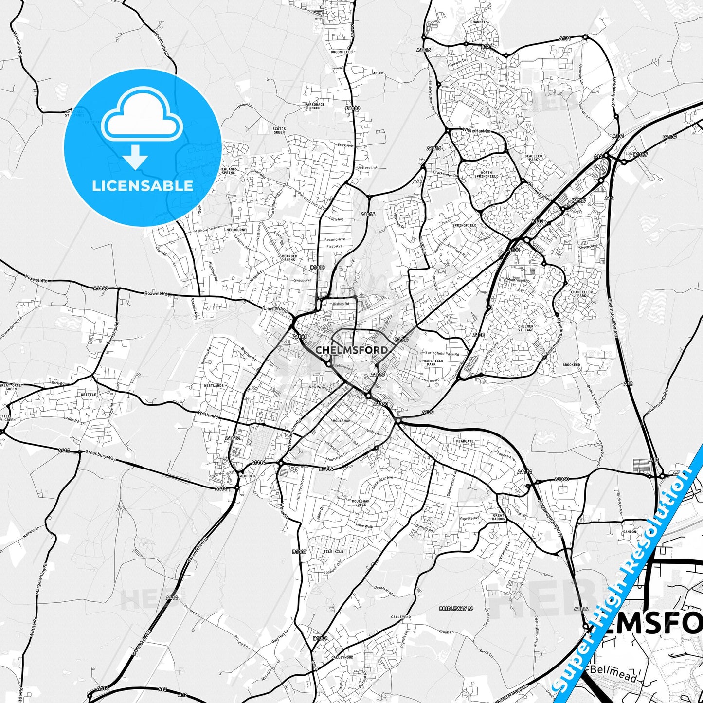 Chelmsford, England Light Map with Street Names, City Names, and Districts