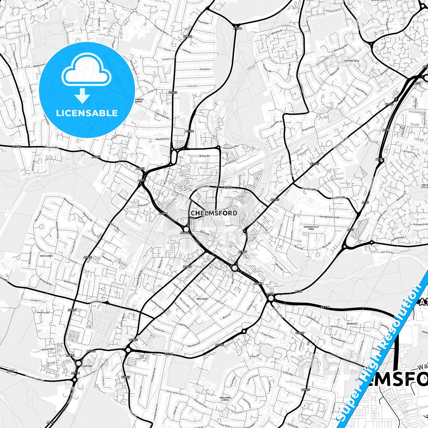 Chelmsford, England Light Map with Street Names, City Names, and Districts