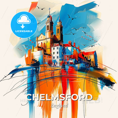 Vibrant Chelmsford, England - A Painting Of A Building With Birds Flying Around It - Square format print template