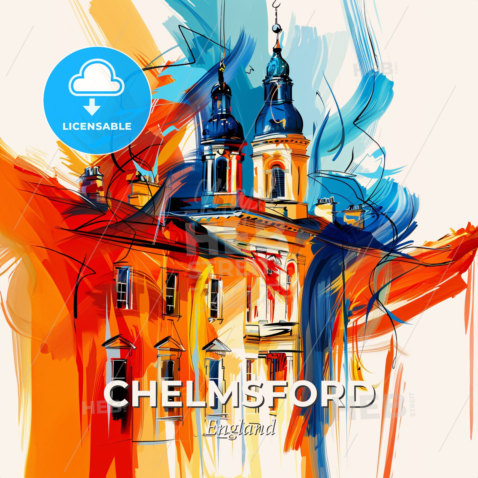 Vibrant Chelmsford, England - A Painting Of A Building With A Colorful Background - Square format print template
