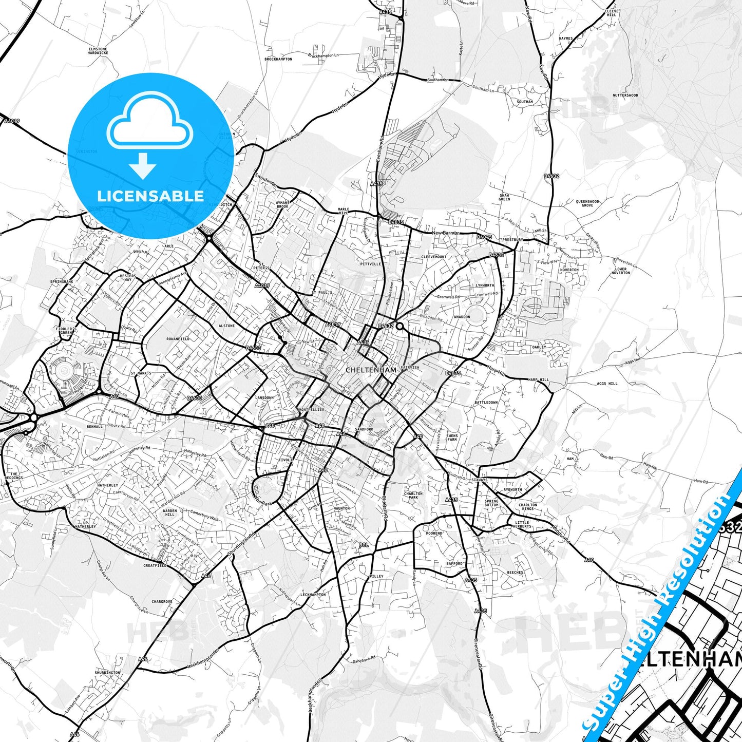 Cheltenham, England Light Map with Street Names, City Names, and Districts