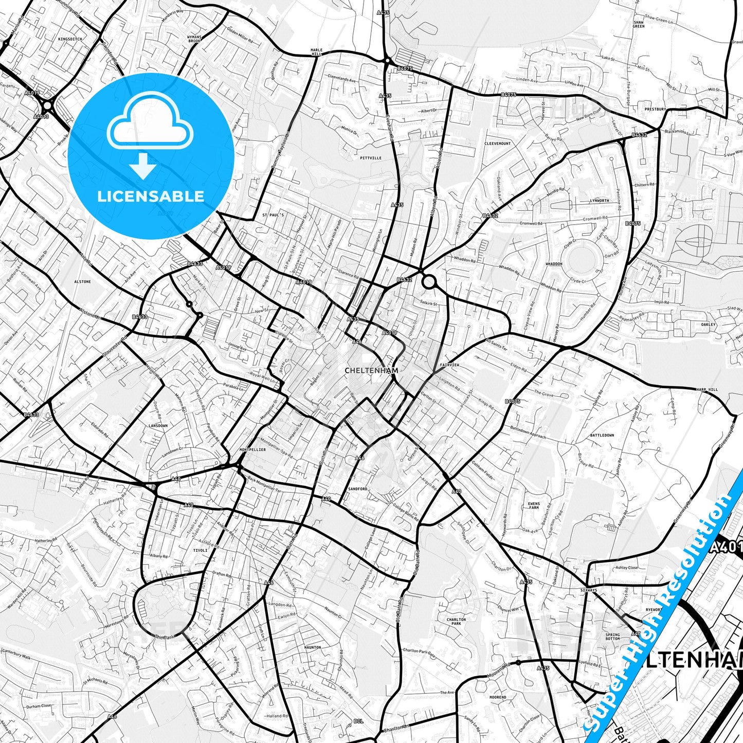 Cheltenham, England Light Map with Street Names, City Names, and Districts