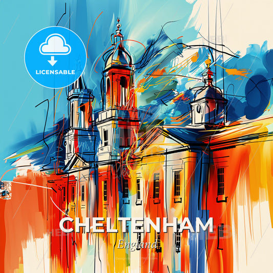 Vibrant Cheltenham, England - A Painting Of A Building With Towers And Spires - Square format print template