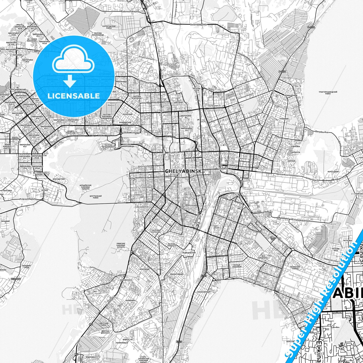 Chelyabinsk, Russia light map with streetnames, citynames and districts