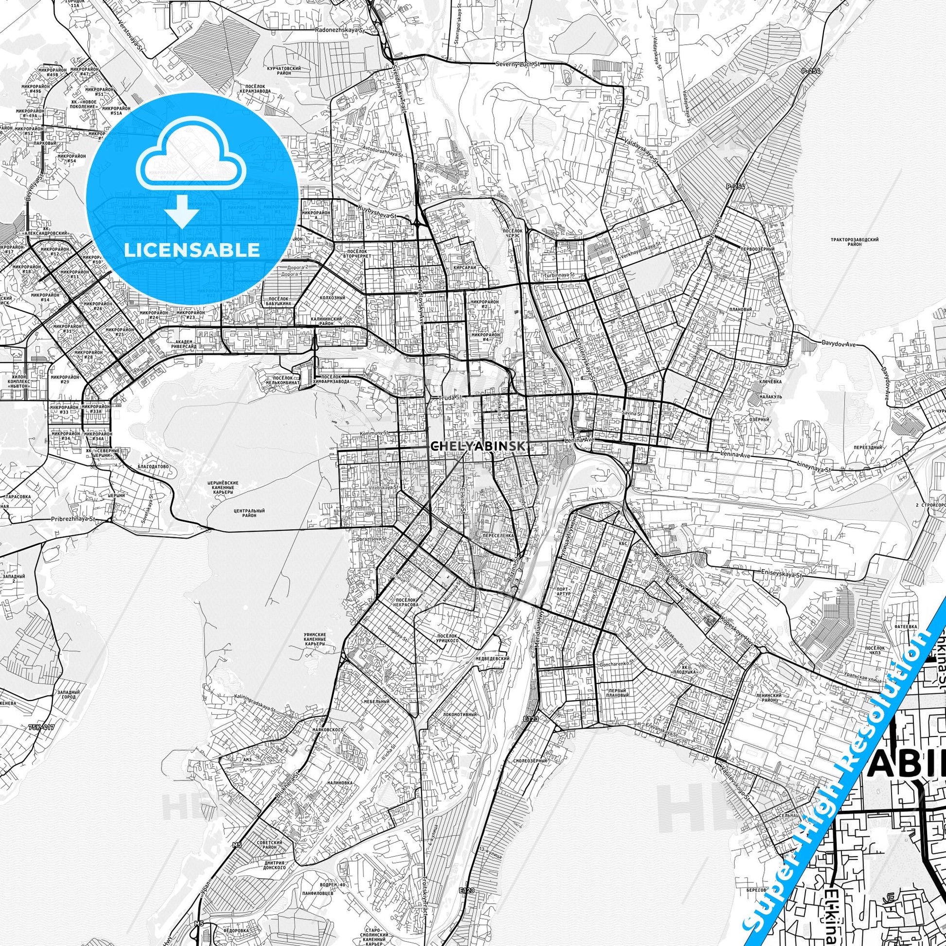 Chelyabinsk, Russia light map with streetnames, citynames and districts