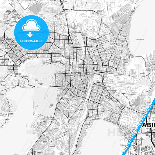 Chelyabinsk, Russia light map with streetnames, citynames and districts