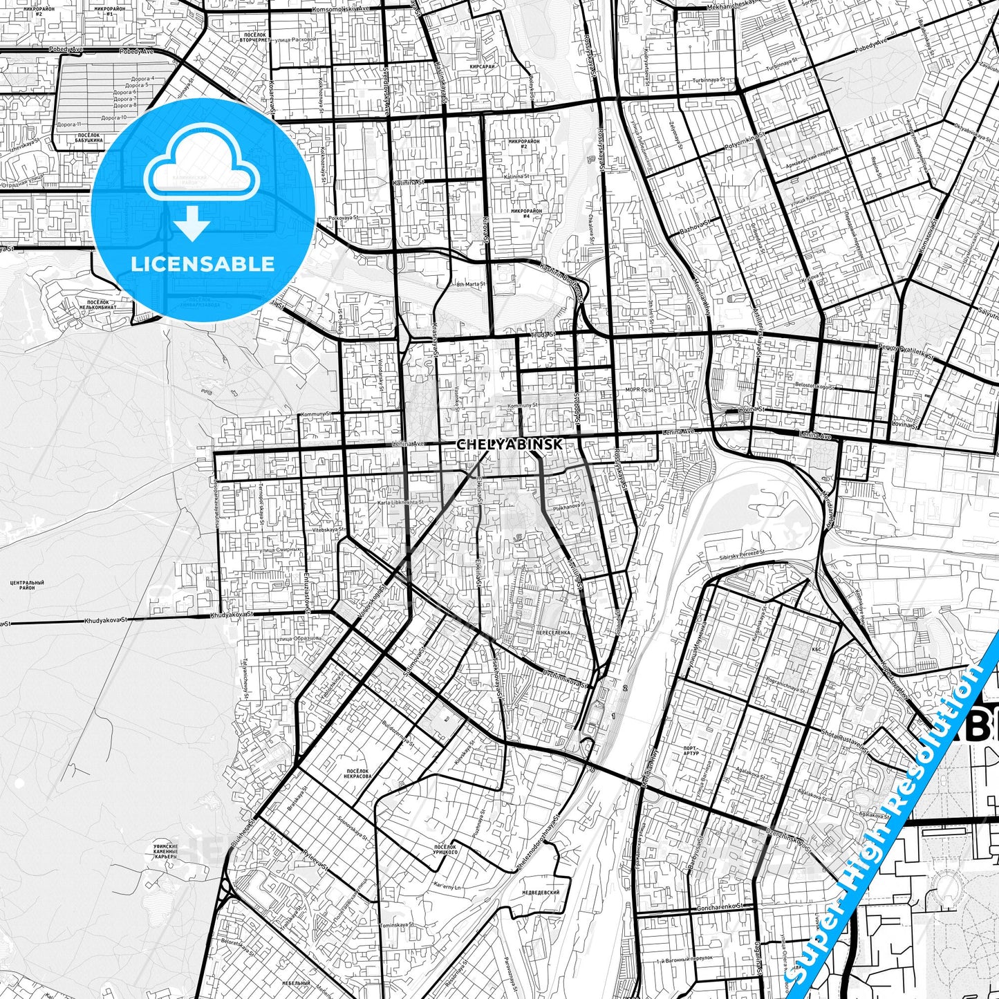 Chelyabinsk, Russia Light Map with Street Names, City Names, and Districts