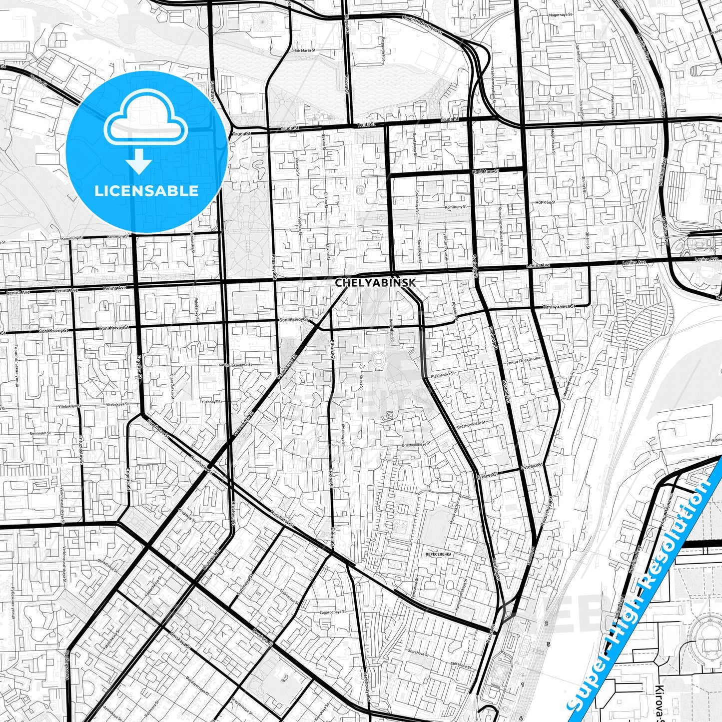 Chelyabinsk, Russia Light Map with Street Names, City Names, and Districts