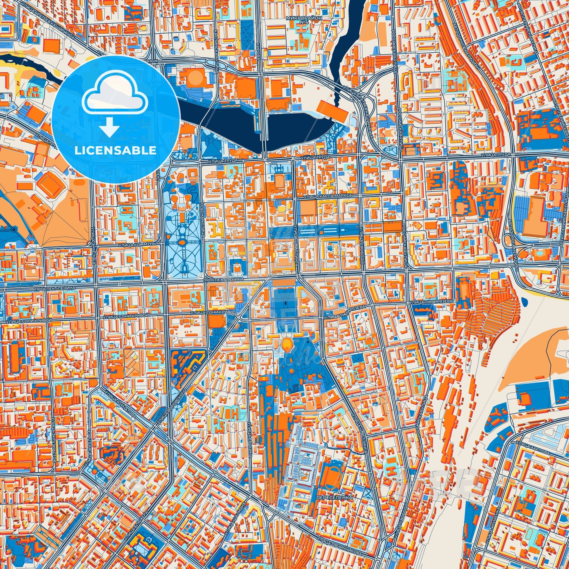 Colorful Chelyabinsk Street Map with Labels and Buildings