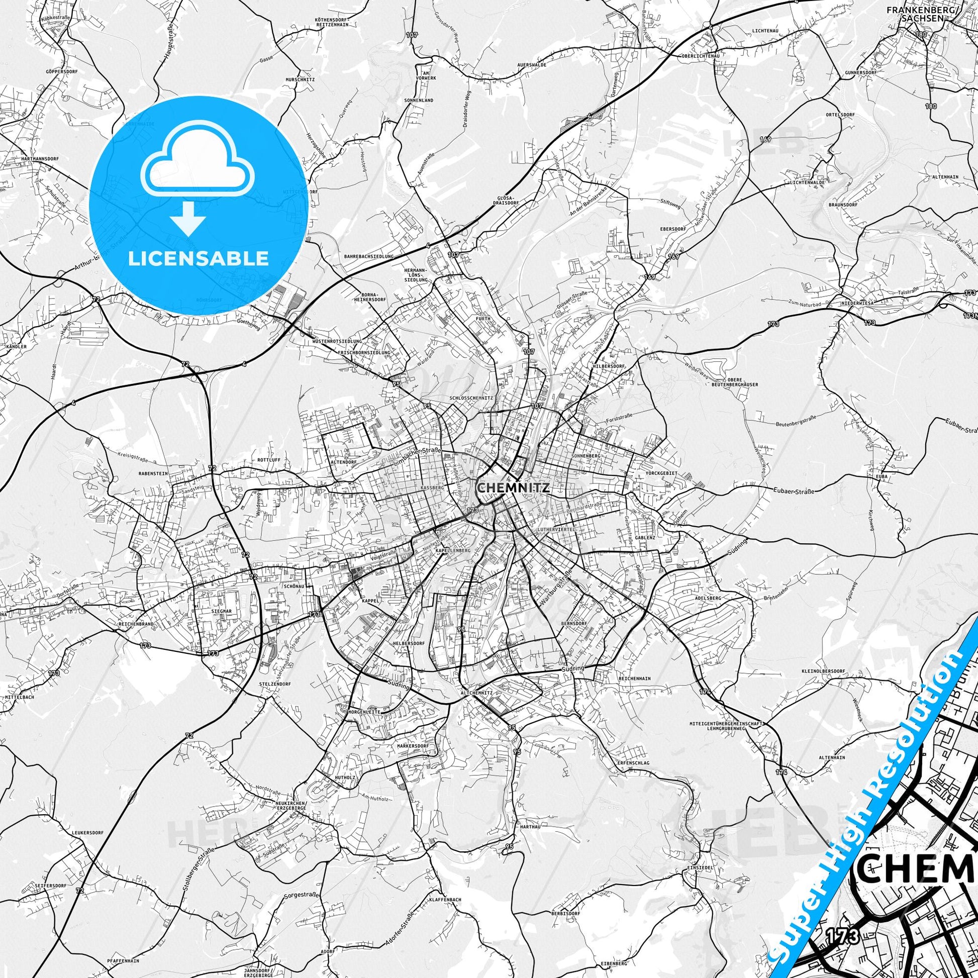 Chemnitz, Germany light map with streetnames, citynames and districts