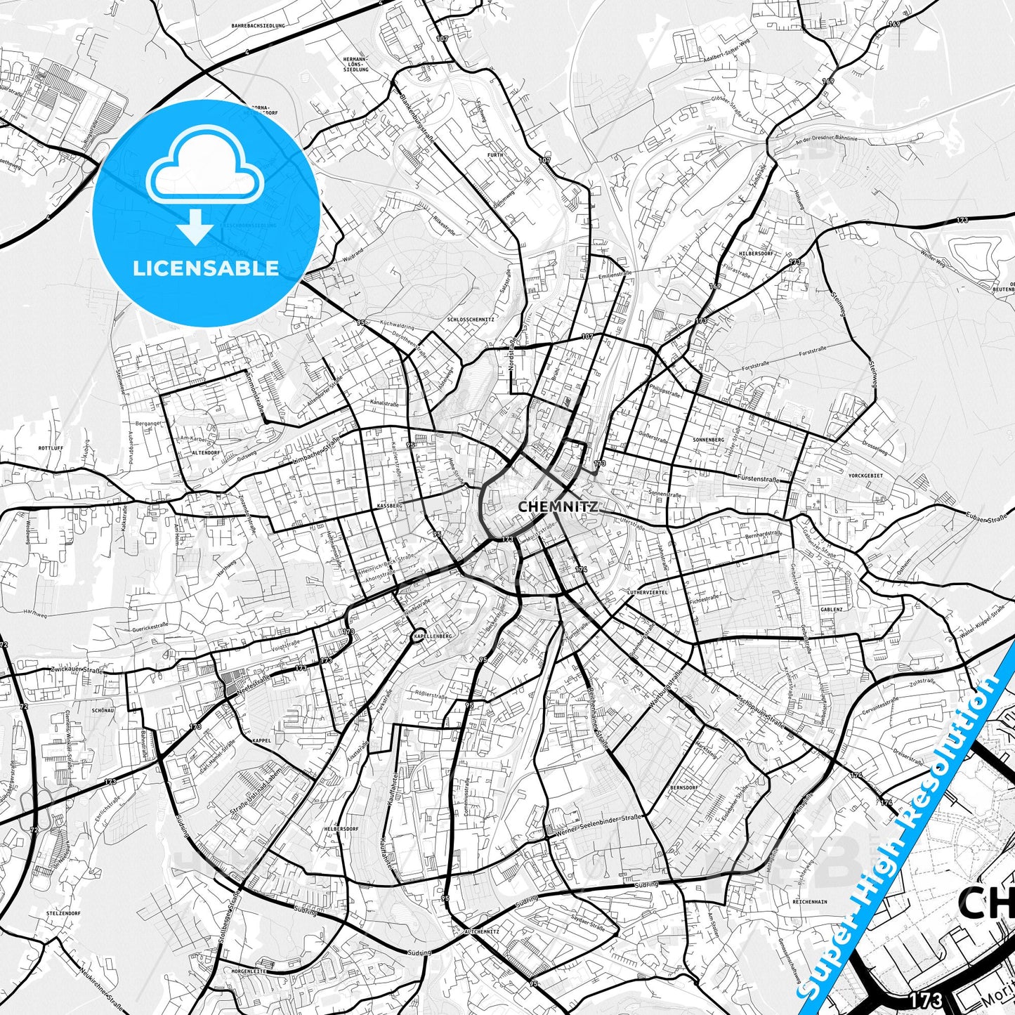 Chemnitz, Germany Light Map with Street Names, City Names, and Districts