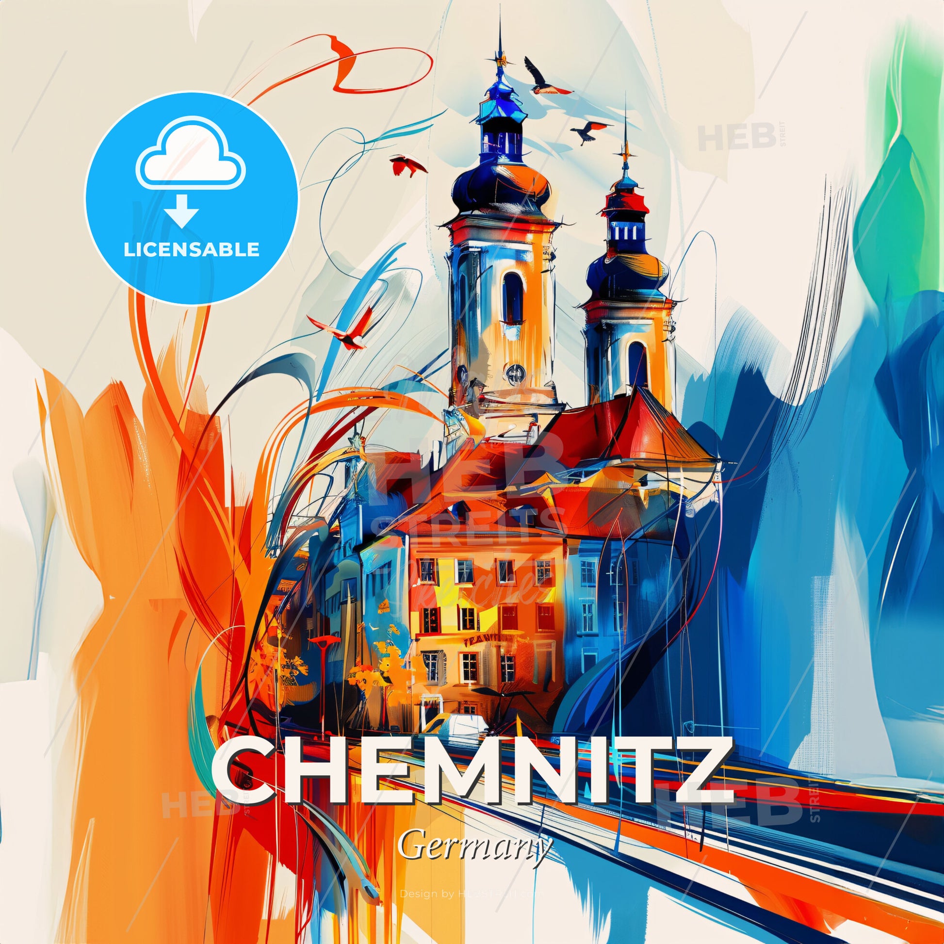 Vibrant Chemnitz, Germany - A Painting Of A Building With A Tower And Birds Flying - Square format print template