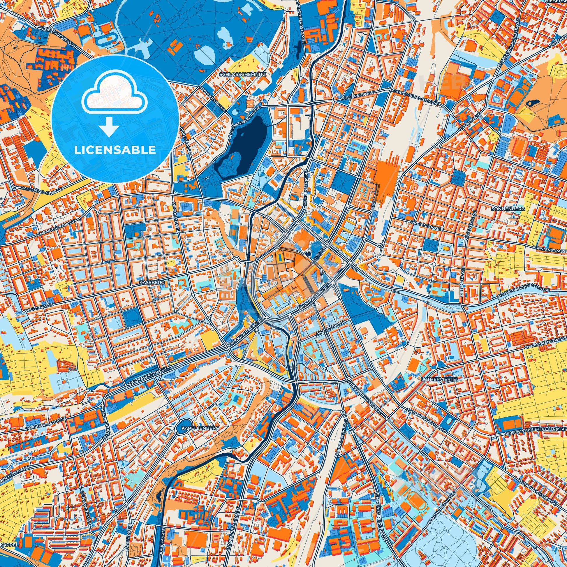 Colorful Chemnitz Street Map with Labels and Buildings