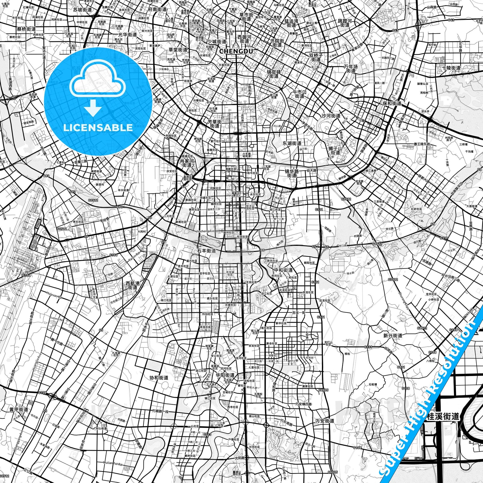 Chengdu, China light map with streetnames, citynames and districts