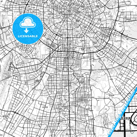 Chengdu, China light map with streetnames, citynames and districts