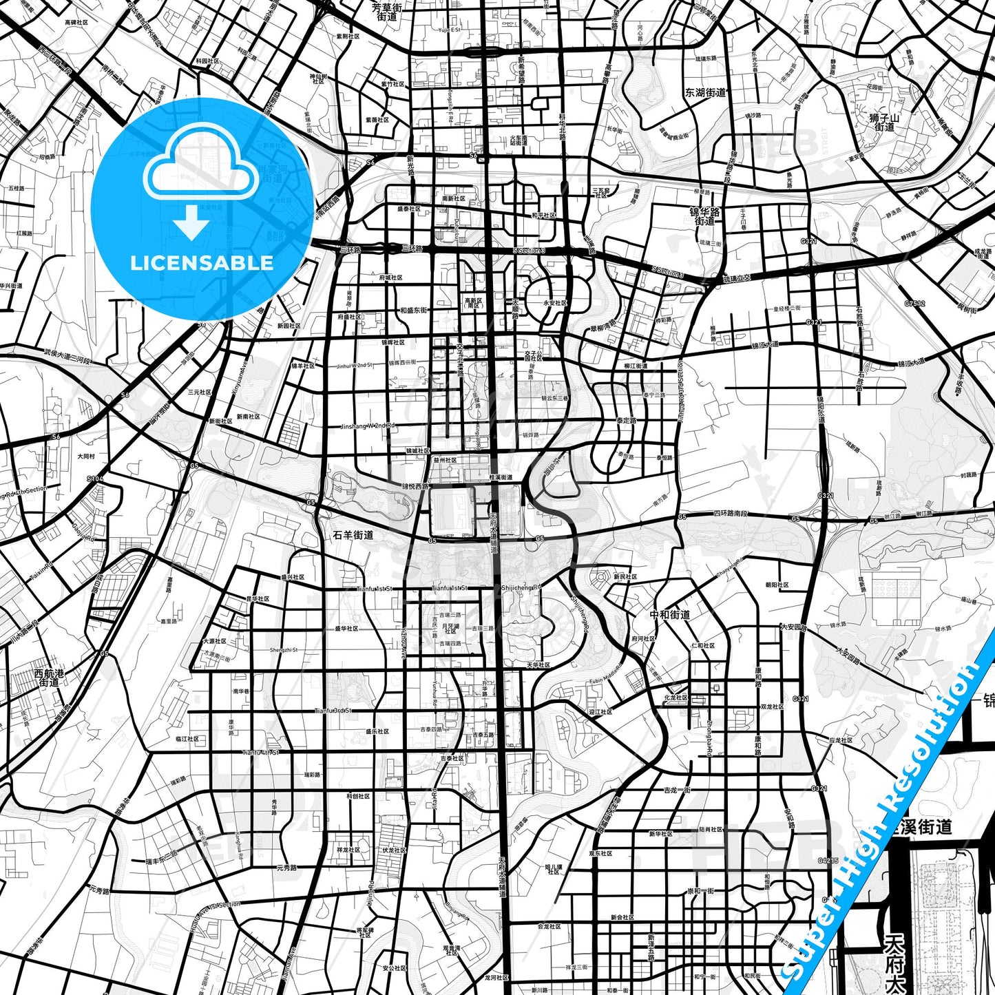 Chengdu, China Light Map with Street Names, City Names, and Districts