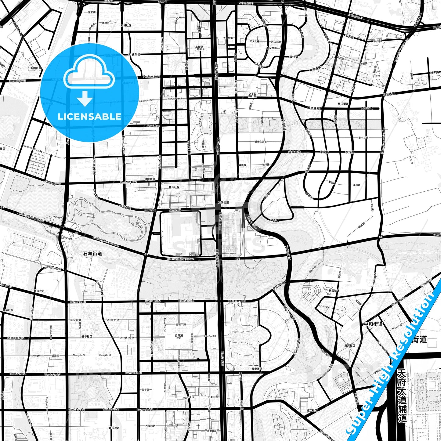 Chengdu, China Light Map with Street Names, City Names, and Districts