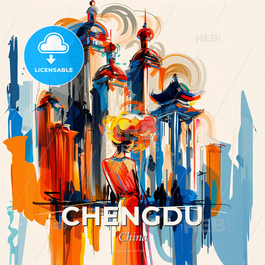 Vibrant Chengdu, China - A Woman In A Red Dress In Front Of A Colorful City - Square format print template