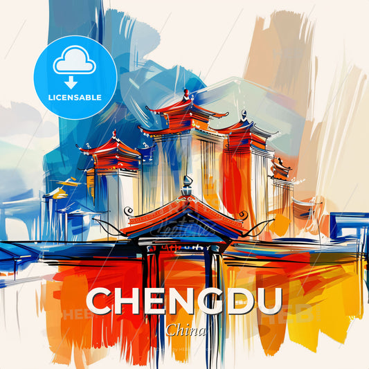 Vibrant Chengdu, China - A Painting Of A Building - Square format print template