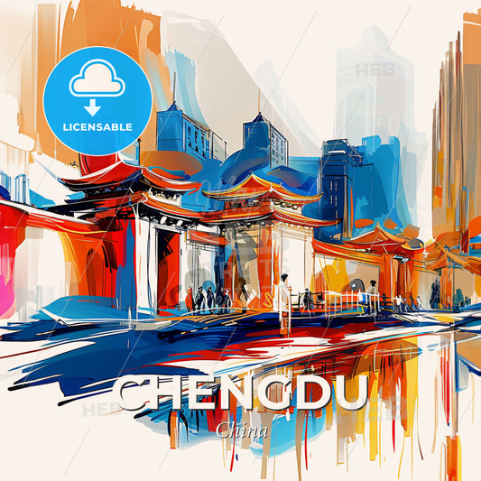 Vibrant Chengdu, China - A Painting Of A Building With A Body Of Water - Square format print template