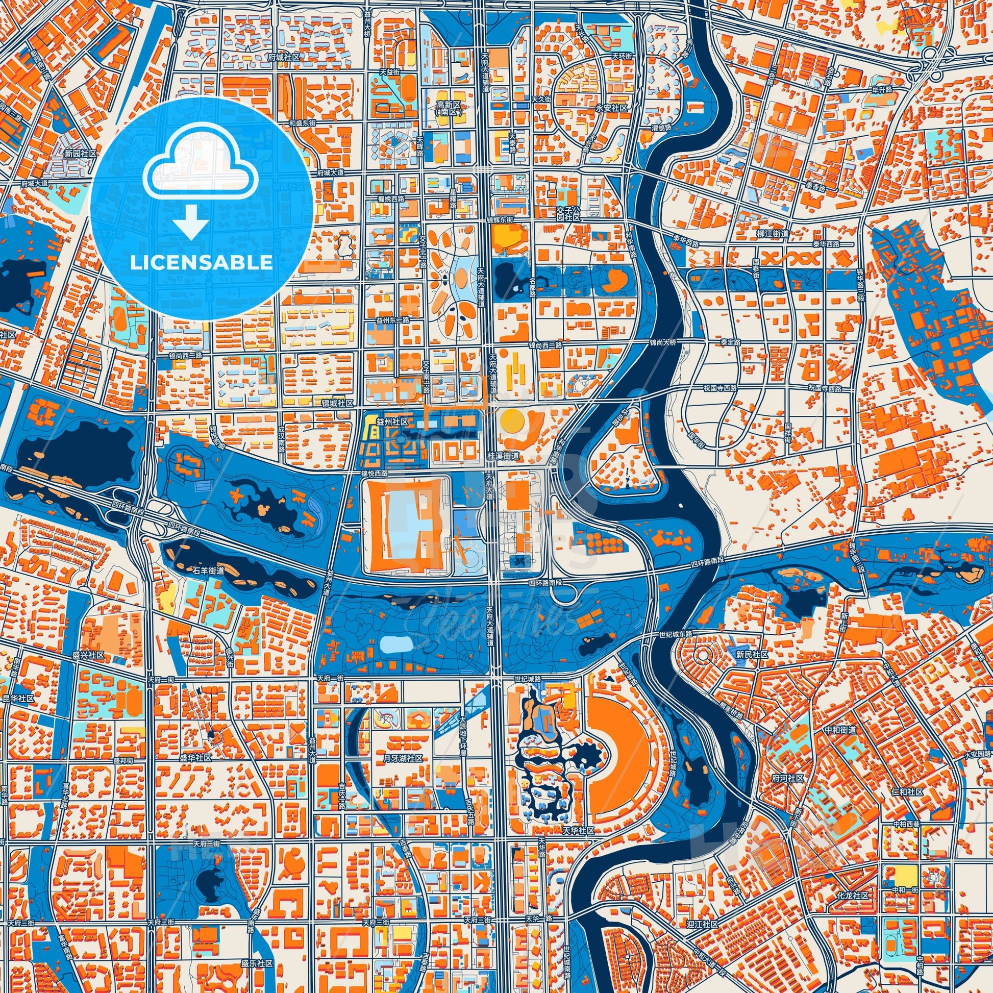 Colorful Chengdu Street Map with Labels and Buildings