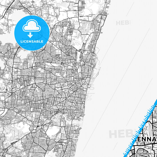Chennai, India light map with streetnames, citynames and districts