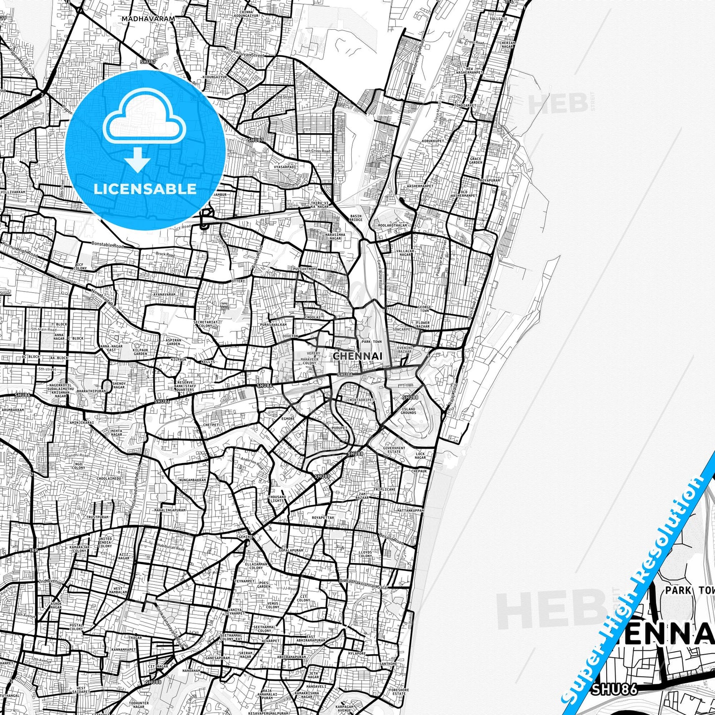 Chennai, India Light Map with Street Names, City Names, and Districts