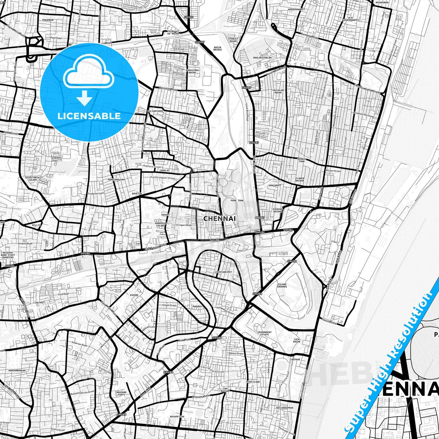 Chennai, India Light Map with Street Names, City Names, and Districts