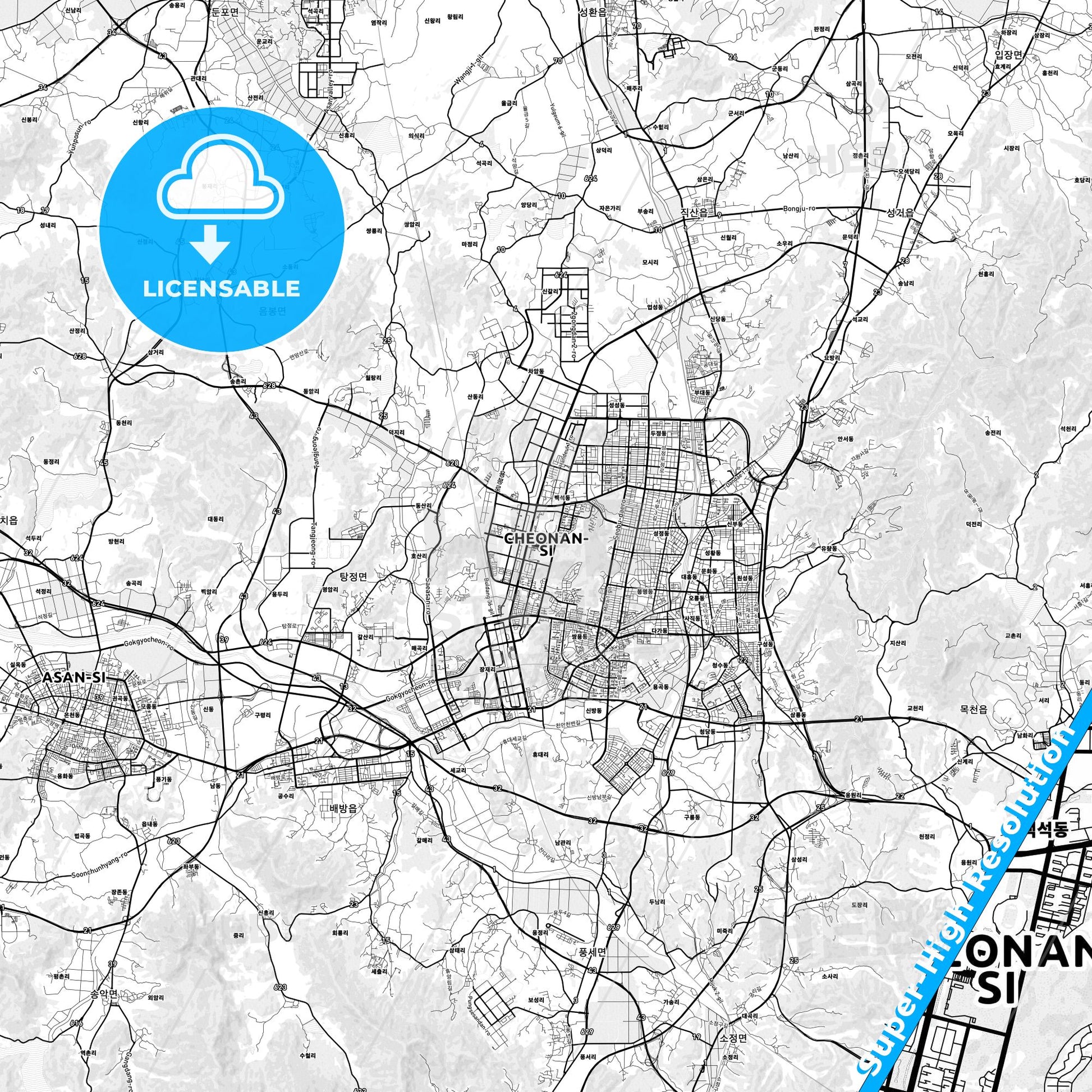 Cheonan, South Korea light map with streetnames, citynames and districts