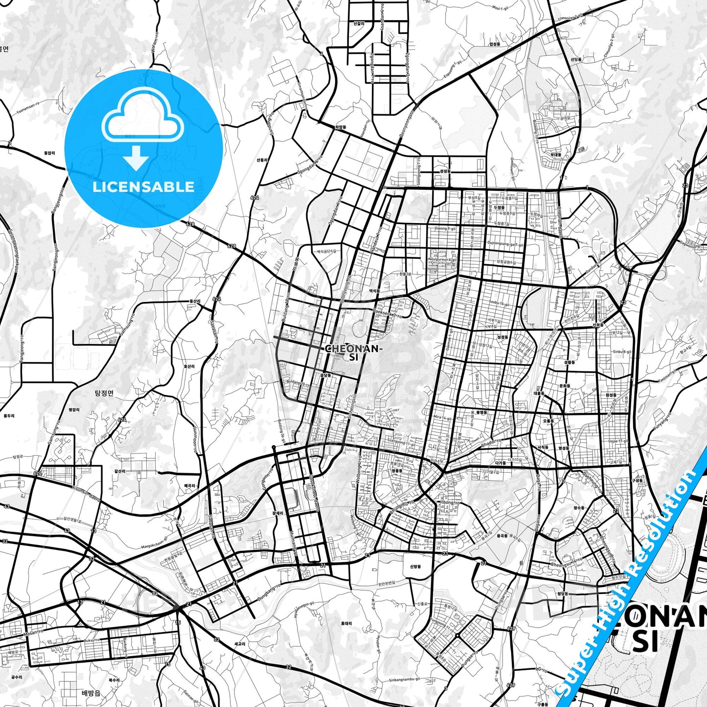 Cheonan, South Korea Light Map with Street Names, City Names, and Districts