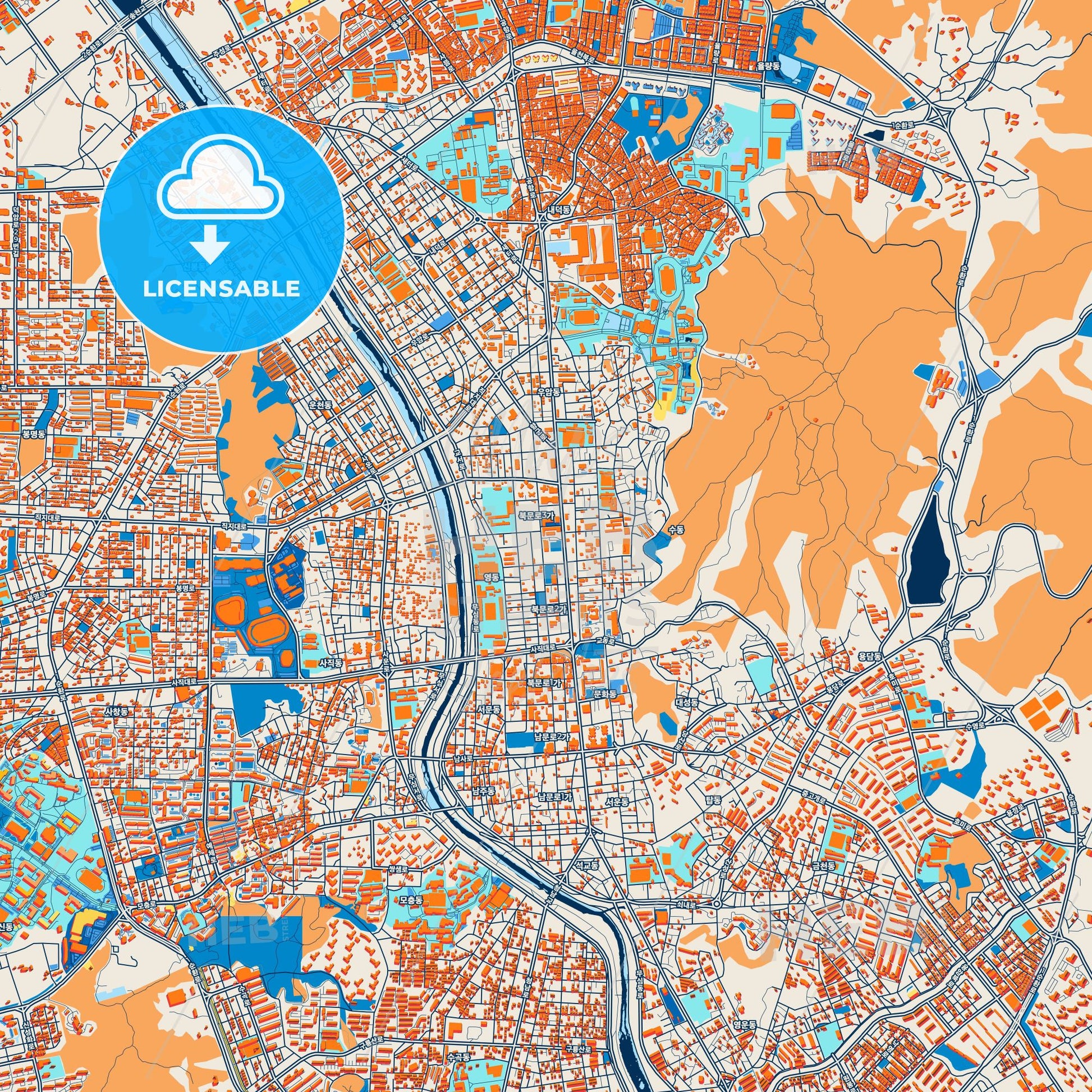 Colorful Cheongju Street Map with Labels and Buildings