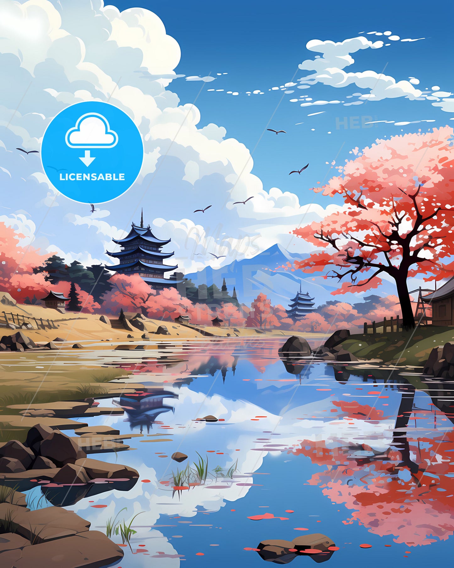 Vibrant Art Depiction of Cheongju South Korea Skyline with Lake, Building, and Nature