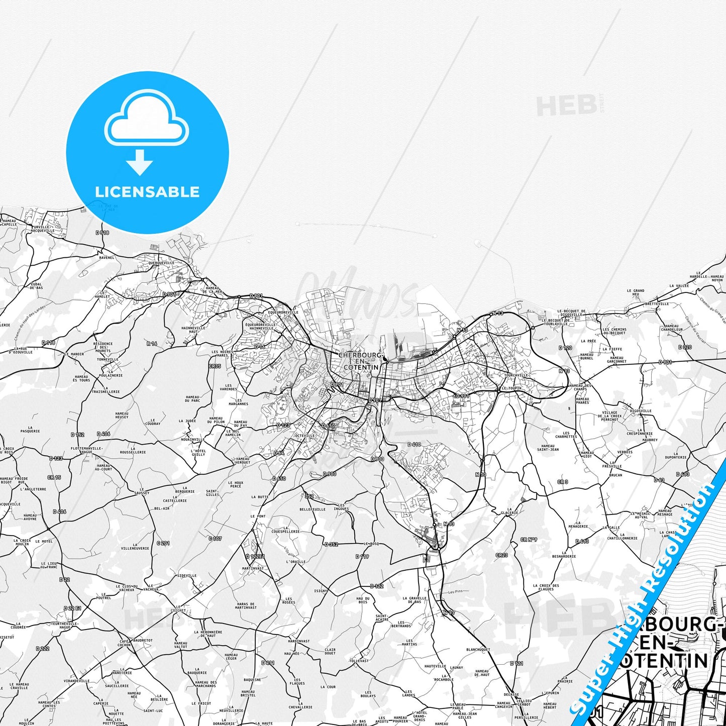 Cherbourg-Octeville, France light map with streetnames, citynames and districts