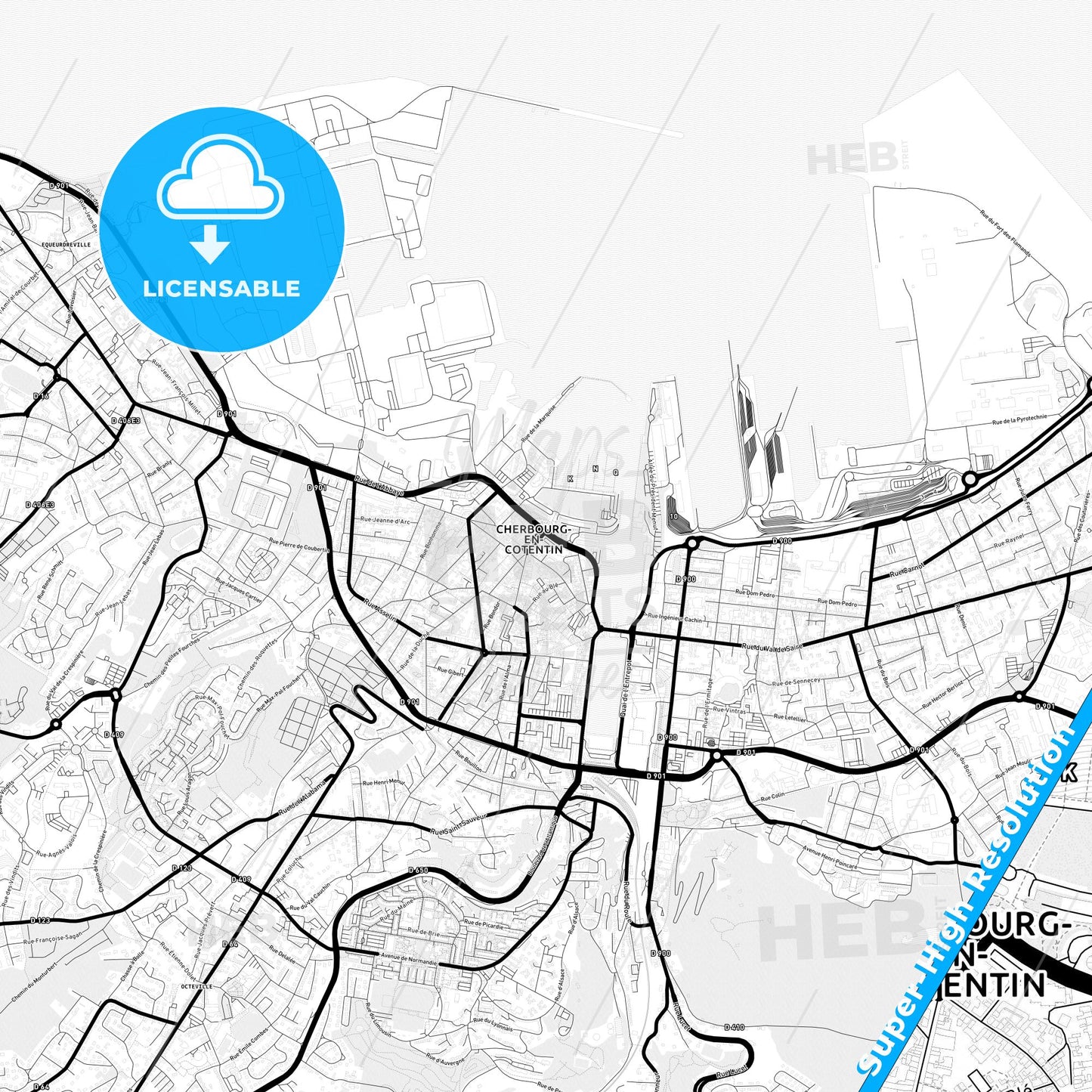 Cherbourg-Octeville, France Light Map with Street Names, City Names, and Districts