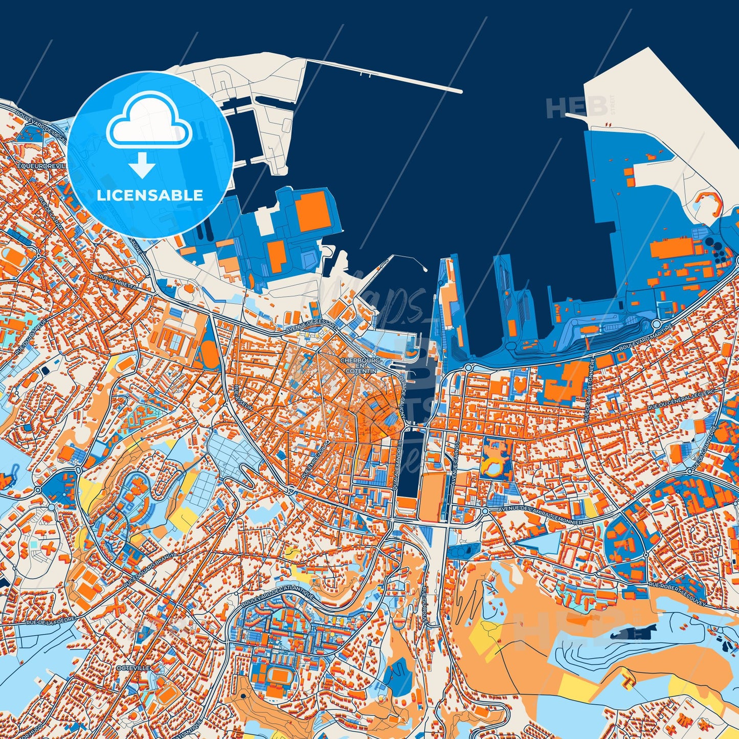Colorful Cherbourg-Octeville Street Map with Labels and Buildings