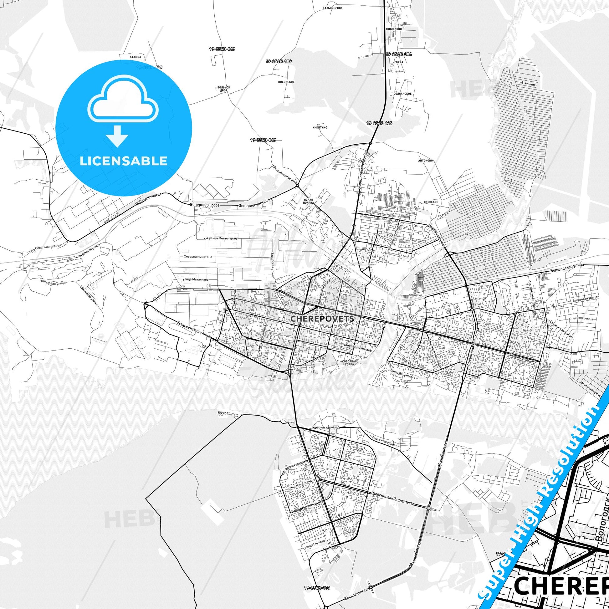 Cherepovets, Russia light map with streetnames, citynames and districts
