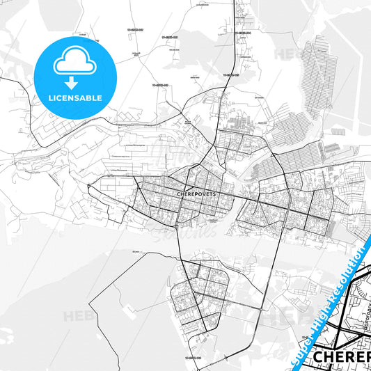 Cherepovets, Russia light map with streetnames, citynames and districts