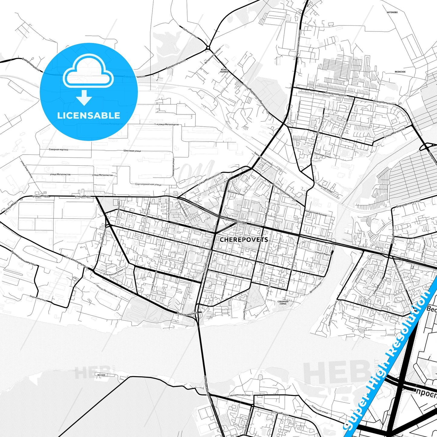 Cherepovets, Russia Light Map with Street Names, City Names, and Districts