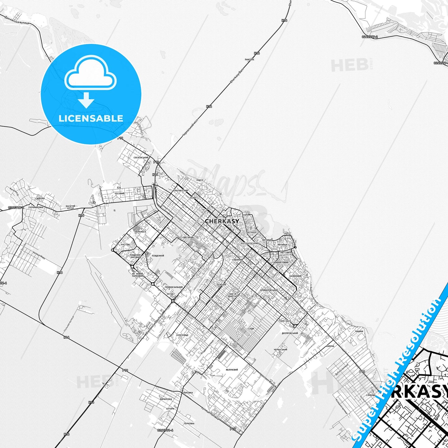 Cherkasy, Ukraine light map with streetnames, citynames and districts
