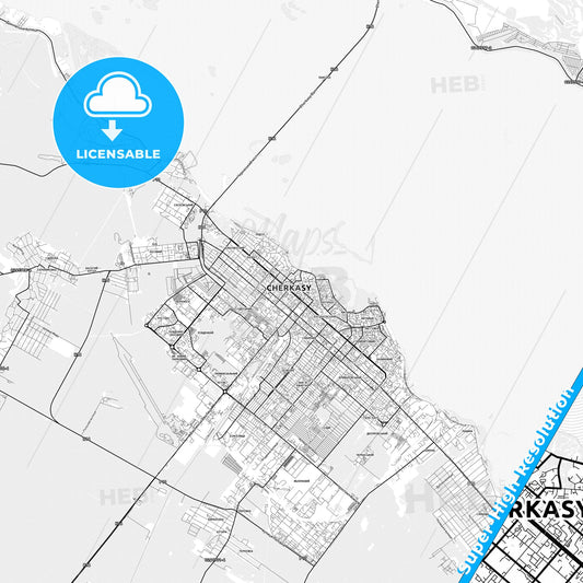 Cherkasy, Ukraine light map with streetnames, citynames and districts
