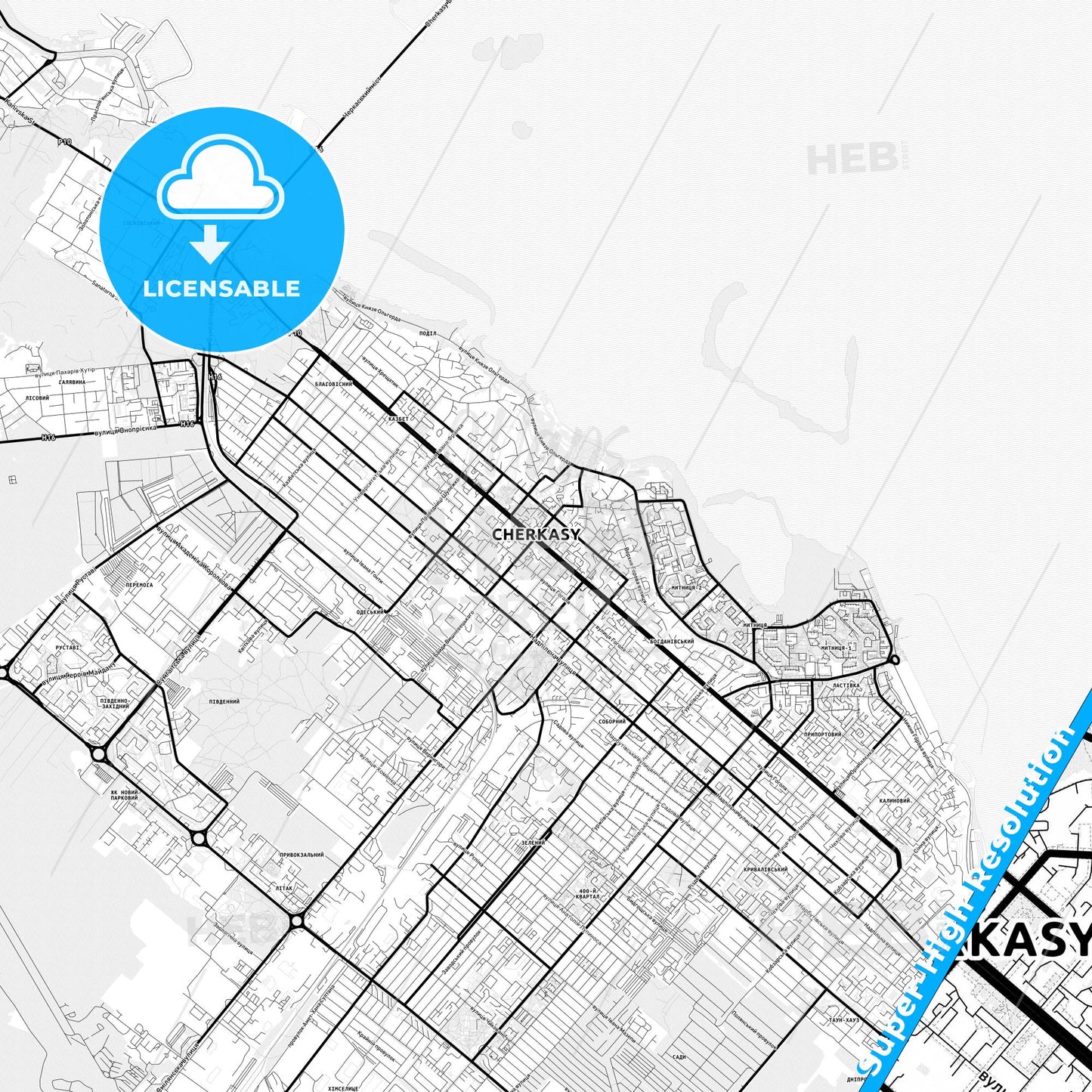 Cherkasy, Ukraine Light Map with Street Names, City Names, and Districts